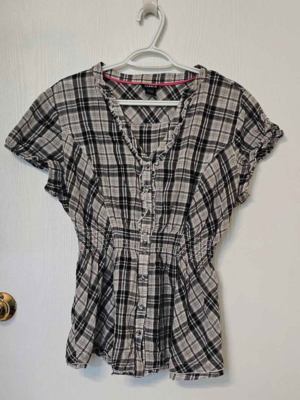 Torrid ruffle trim plaid empire waist short sleeve blouse